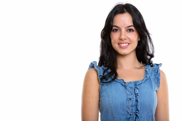 Studio shot of young happy beautiful Spanish woman smiling — Stock Photo, Image