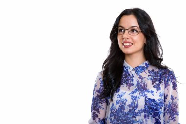 Gülümseyen genç mutlu İspanyol işkadını ve thi stüdyo çekim