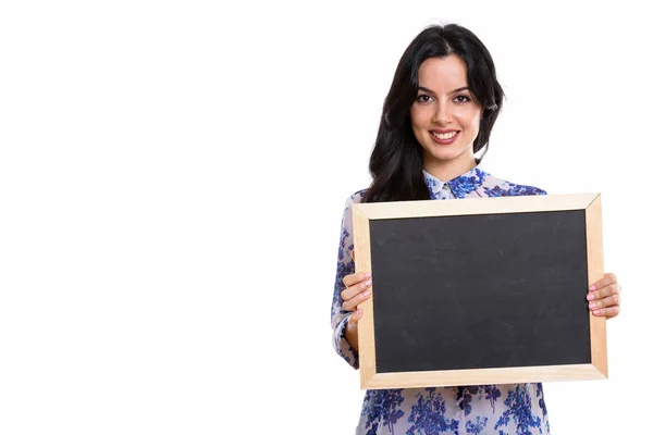 Studio Shot Young Happy Spanish Businesswoman Smiling While Holding Blank — Stock Photo, Image