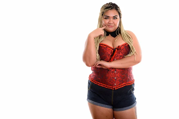 工作室拍摄年轻脂肪亚洲妇女思考, 而穿着性感 — 图库照片
