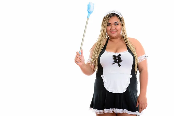 Gorda asiática limpieza señora holding inodoro cepillo mientras usando sexy —  Fotos de Stock