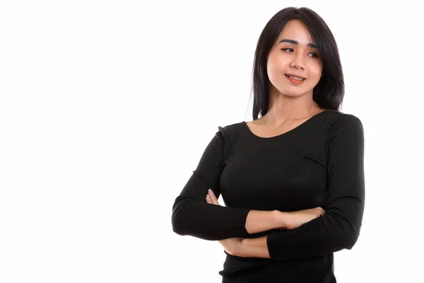 Studio shot de joven feliz asiático transexual mujer sonriendo mientras — Foto de Stock