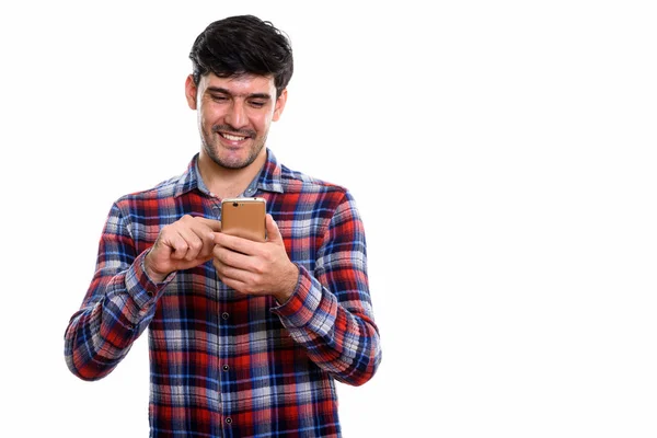 Studio Shot Young Happy Persian Man Smiling While Using Mobile — Stock Photo, Image