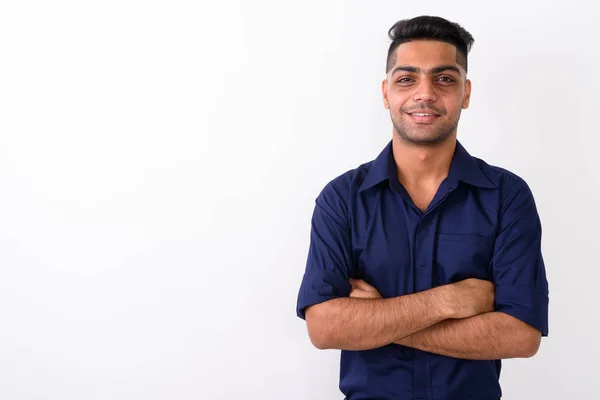 Genç Hintli işadamının beyaz arka plandaki stüdyo görüntüleri