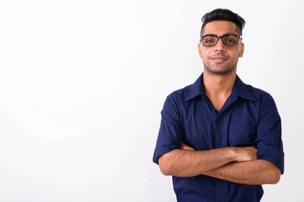年轻的印度商人戴眼镜反对白色 backgr — 图库照片