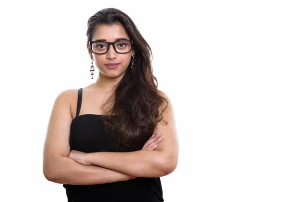 Studio colpo di giovane bella donna indiana che indossa occhiali w — Foto Stock