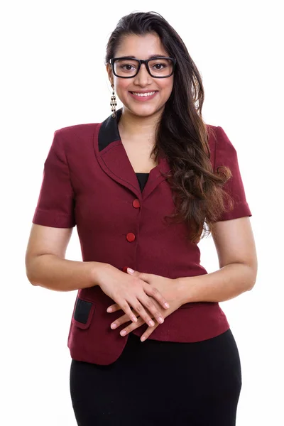 Studio shot of young happy Indian businesswoman smiling with han — Stock Photo, Image