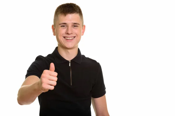 Joven Feliz Hombre Caucásico Sonriendo Dando Pulgar Hacia Arriba Aislado — Foto de Stock