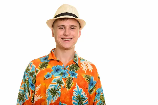 Young happy Caucasian tourist man smiling and looking at camera — Stock Photo, Image