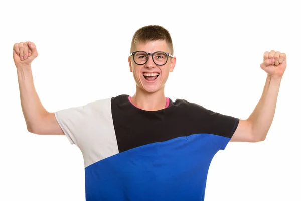 Boldog kaukázusi nerd fiatalember és mosolyogva néz motivált wit — Stock Fotó