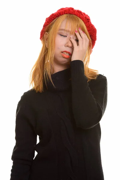 Young cute Asian woman having headache and frustration — Stock Photo, Image