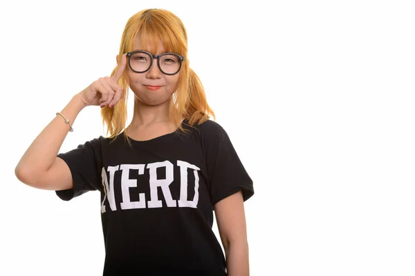 Retrato de joven lindo Asiático nerd mujer pensando —  Fotos de Stock