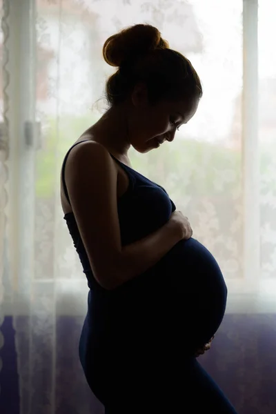 Anne, bebeğini pencerenin kenarında siluet içinde seviyor. — Stok fotoğraf