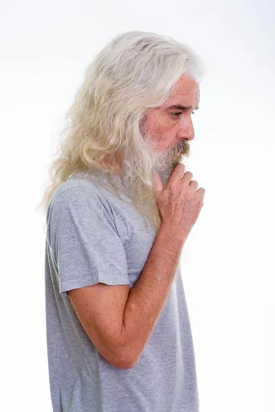 Profilo Vista Anziano Uomo Barbuto Pensare Isolato Sfondo Bianco — Foto Stock