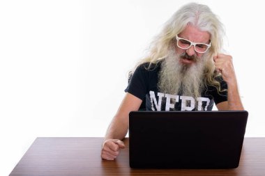 Tahta masada dizüstü bilgisayar kullanırken sinirli görünen yaşlı, sakallı bir ineğin stüdyo fotoğrafı.