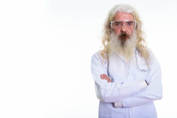 Studio βολή του ανώτερος γενειοφόρος άνδρας γιατρός φοράει προστατευτικό γυαλί — Φωτογραφία Αρχείου