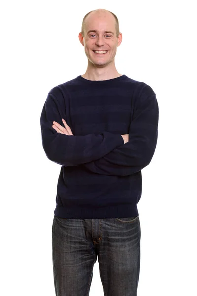 Happy bald Caucasian man smiling with arms crossed — Stock Photo, Image