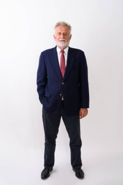 Tam vücut çekim yakışıklı üst düzey sakallı işadamı duran bir