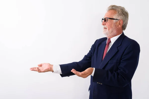 Profilo Vista Felice Anziano Barbuto Uomo Affari Sorridente Mentre Mostra — Foto Stock