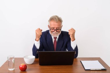 Yakışıklı üst düzey sakallı işadamı excit seyir stüdyo çekim