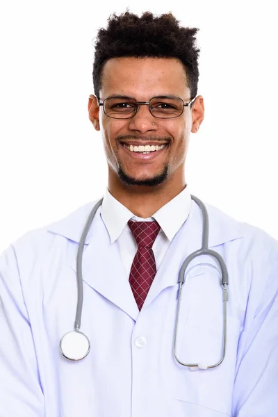 Young happy African man doctor smiling while wearing eyeglasses — Stock Photo, Image
