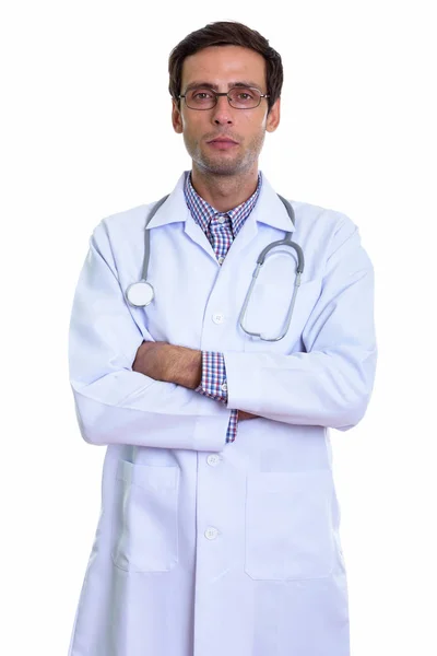 Estudio de tiro de joven guapo médico hombre con gafas con —  Fotos de Stock