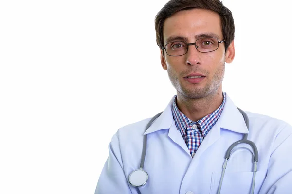 Close up of young handsome man doctor wearing eyeglasses — Stock Photo, Image