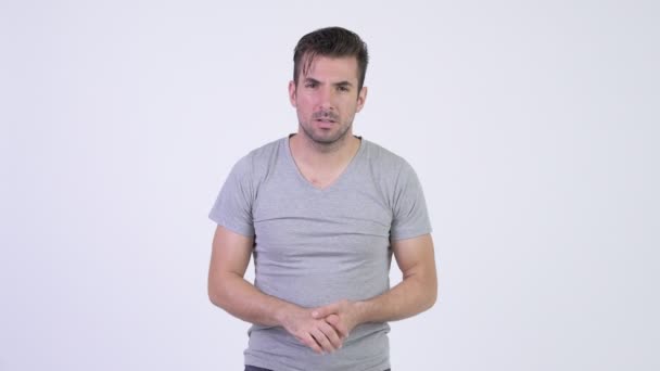 Jonge benadrukt Spaanse man die geschokt — Stockvideo