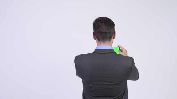Achteraanzicht van de jonge Spaanse zakenman nemen foto met telefoon — Stockvideo