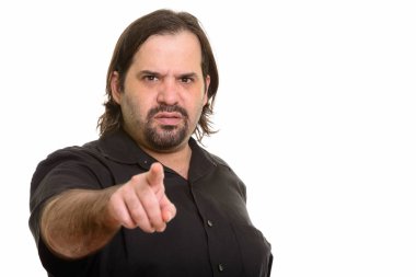 Kızgın yağ beyaz adam kamera işaret parmağı