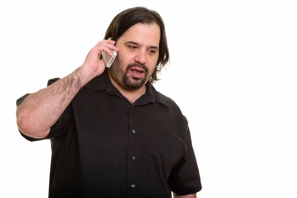 Gordo caucásico hombre hablando en el teléfono móvil —  Fotos de Stock