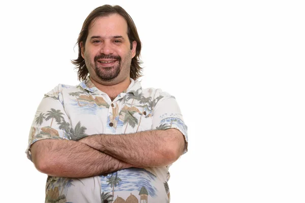 Feliz gordo barbudo caucásico hombre sonriendo con los brazos cruzados listo — Foto de Stock