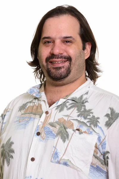 Close up of happy fat Caucasian man smiling ready for vacation — Stock Photo, Image