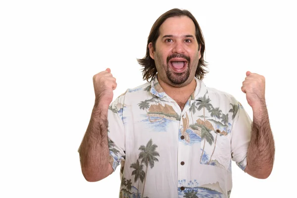Happy fat Caucasian man smiling and looking motivated ready for — Stock Photo, Image