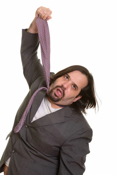 Gordo caucásico empresario tirando de su propia corbata —  Fotos de Stock