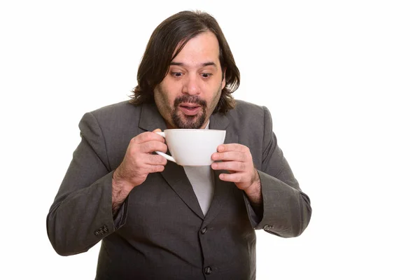 Retrato de hombre de negocios caucásico gordo tomando descanso y bebiendo café caliente — Foto de Stock