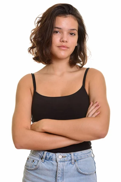 Portrait of young beautiful Caucasian teenage girl with arms crossed — Stock Photo, Image