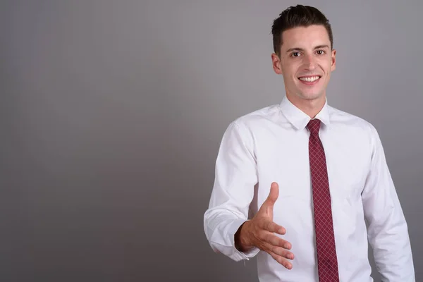 Jonge knappe zakenman glimlachend en handdruk geven — Stockfoto