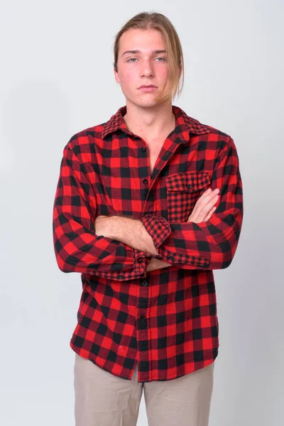 Young handsome hipster man with long blond hair — Stock Photo, Image