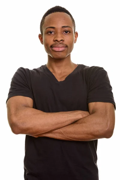 Africký mladík s rukama zkříženýma izolované proti Bílému pozadí — Stock fotografie