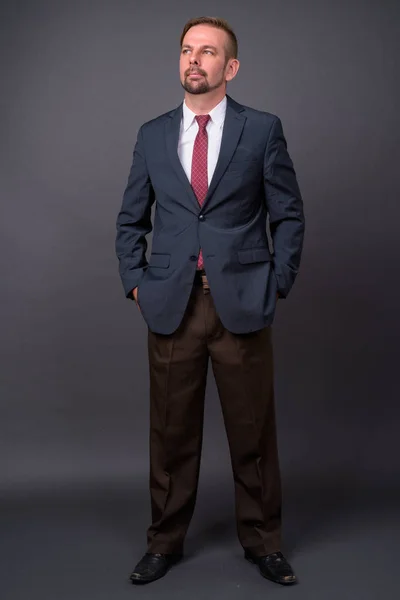 Hombre de negocios barbudo rubio con perilla sobre fondo gris —  Fotos de Stock