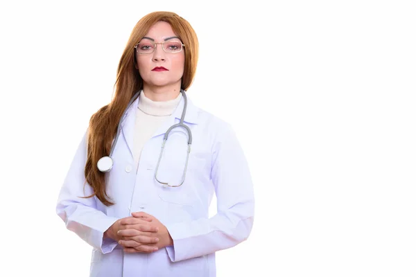 Estúdio tiro de médico mulher com as mãos em conjunto — Fotografia de Stock