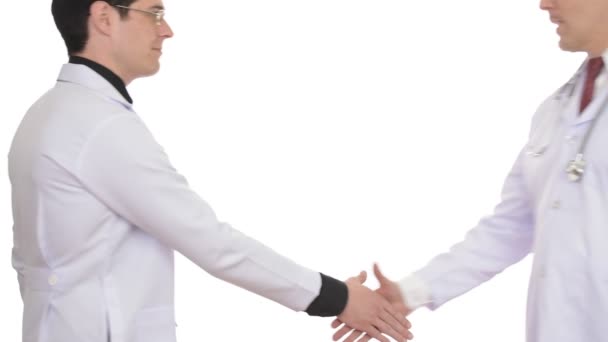 Portrait of two man doctor making handshake — Stock Video