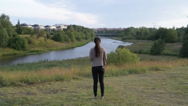 Vista posteriore della giovane donna asiatica felice con girasoli che aprono le braccia contro la vista rilassante della natura — Video Stock