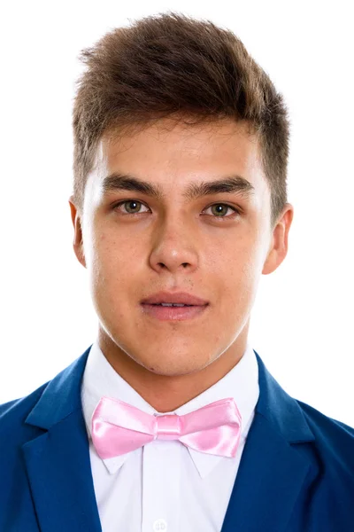 Twarz przystojny młodzieniec ubrany frak z muszką różowy — Zdjęcie stockowe
