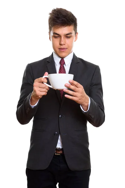 Studio Shot Young Handsome Businessman Holding Looking Coffee Cup — Stock Photo, Image