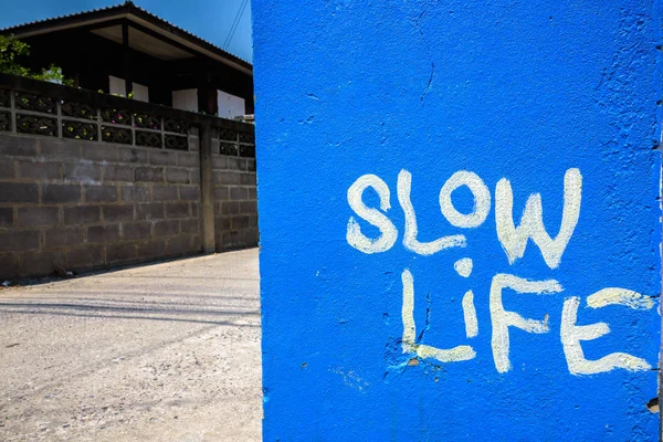 Blue painted with slow life text written on wall