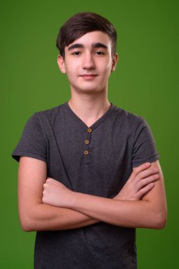 Genç yakışıklı İran genç çocuk yeşil bir arka plana dayanır