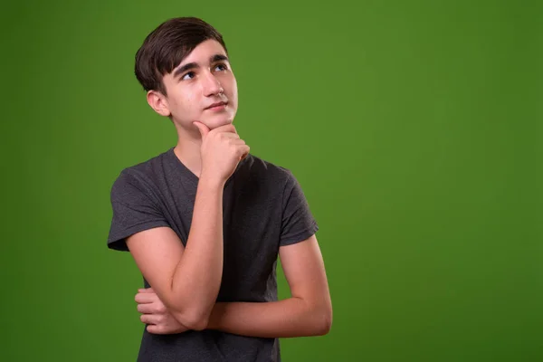 緑の背景に若いハンサムなイラン 10 代の少年 — ストック写真