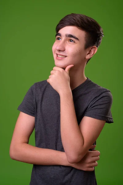 Jonge knappe Iraanse tiener jongen tegen groene achtergrond — Stockfoto